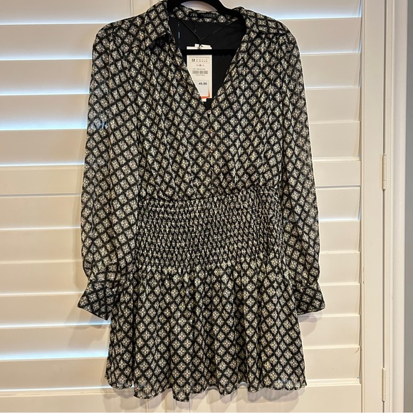 Zara Dresses & Skirts - Zara Smocked Ruffle V Neck Mini Dress Long Sleeved Metallic Thread Black